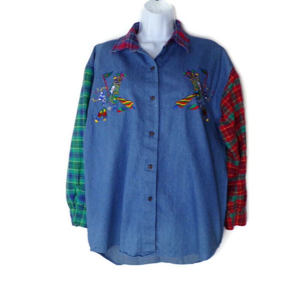 Casey Coleman Denim and Flannel Women's Golf Shirt Embroidered Design Size XL